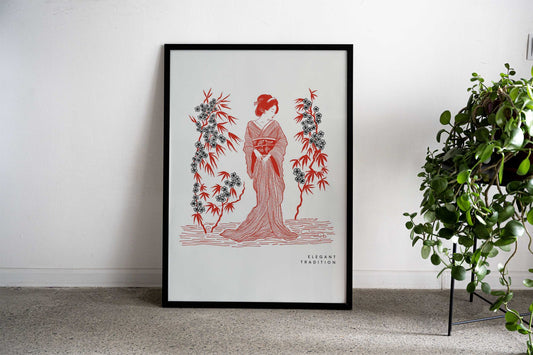Geisha in Red Kimono Asian Style Poster | Wall Art for Home & Office | High-Quality Print - High-Quality Visual Display