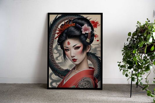 Geisha with Dragon Tattoo Asian Style Poster | Wall Art for Home & Office | High-Quality Print - High-Quality Visual Display