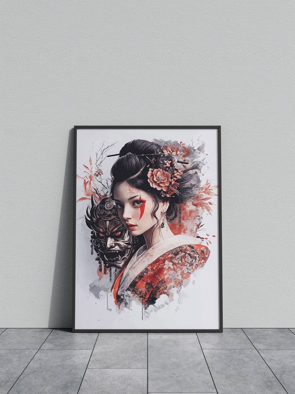 Geisha with Oni Mask Asian Style Poster | Wall Art for Home & Office | High-Quality Print - High-Quality Visual Display
