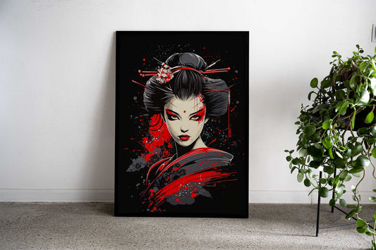 Geisha with Red Splashes Asian Style Poster | Wall Art for Home & Office | High-Quality Print - High-Quality Visual Display