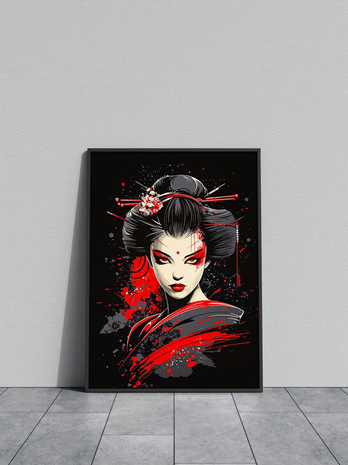 Geisha with Red Splashes Asian Style Poster | Wall Art for Home & Office | High-Quality Print - High-Quality Visual Display