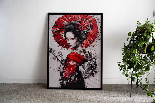Geisha with Red Umbrella Asian Style Poster | Wall Art for Home & Office | High-Quality Print - High-Quality Visual Display