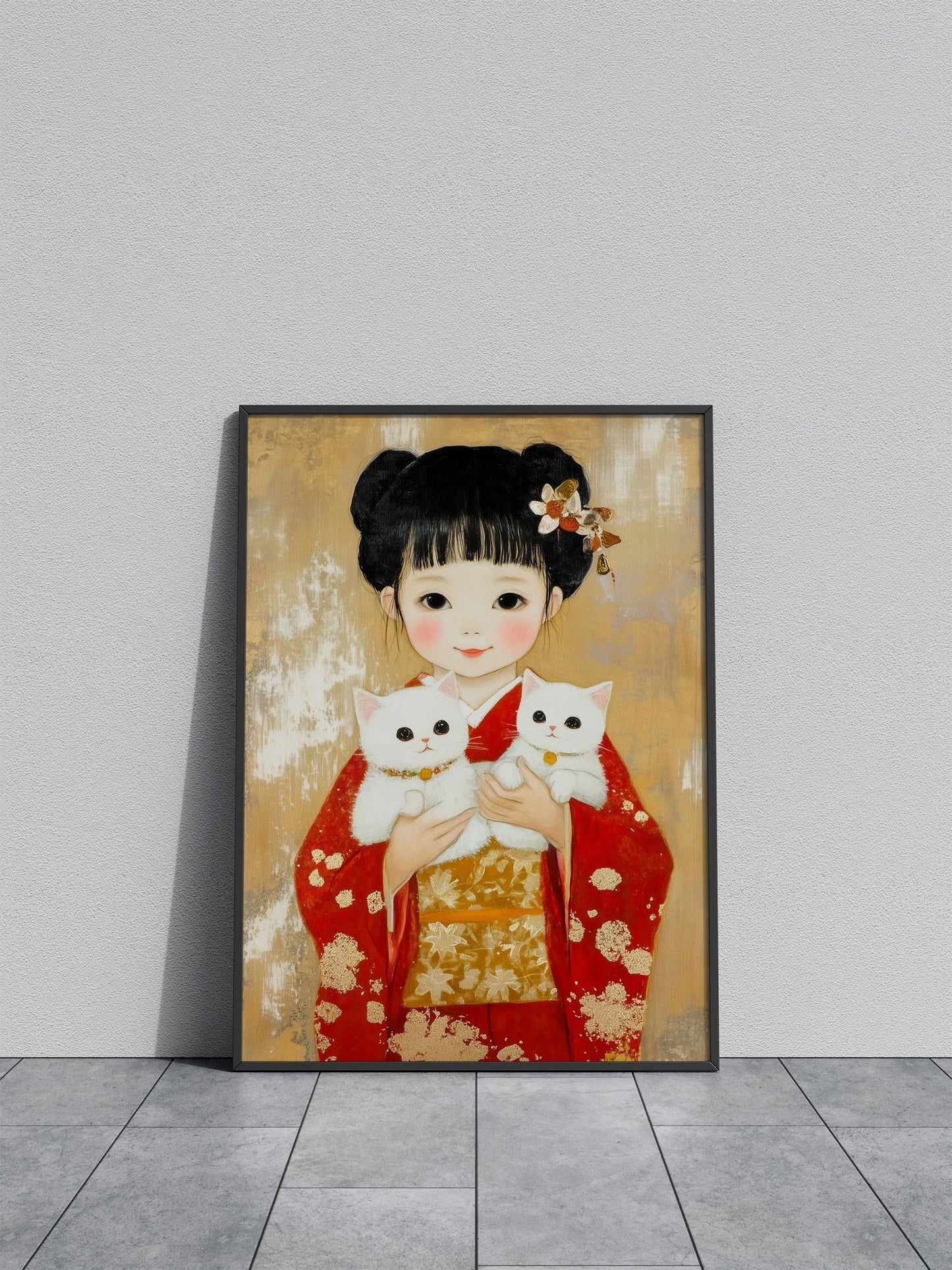 Girl in Kimono with Cats Asian Style Poster | Wall Art for Home & Office | High-Quality Print - High-Quality Visual Display