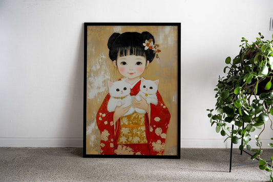 Girl in Kimono with Cats Asian Style Poster | Wall Art for Home & Office | High-Quality Print - High-Quality Visual Display