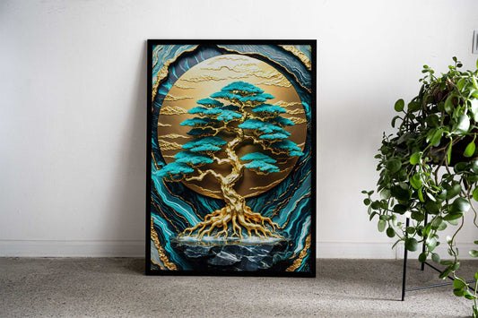 Gold Bonsai Tree Art Asian Style Poster | Wall Art for Home & Office | High-Quality Print - High-Quality Visual Display