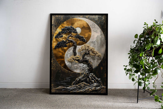 Golden Bonsai Balance Asian Style Poster | Wall Art for Home & Office | High-Quality Print - High-Quality Visual Display