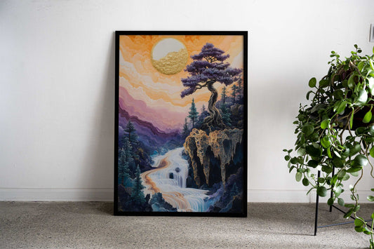 Golden Bonsai Waterfall Landscape textured Asian Style Poster | Wall Art for Home & Office | High-Quality Print - High-Quality Visual Display