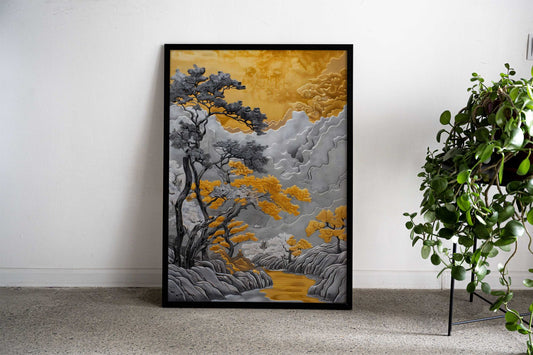 Golden Japanese Relief Asian Style Poster | Wall Art for Home & Office | High-Quality Print - High-Quality Visual Display
