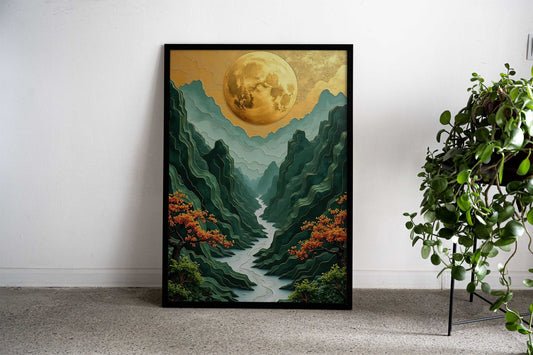 Golden Moon Over Mountains Kintsugi Landscape Asian Style Poster | Wall Art for Home & Office | High-Quality Print - High-Quality Visual Display