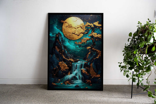 Golden Moon Waterfall Asian Style Poster | Wall Art for Home & Office | High-Quality Print - High-Quality Visual Display