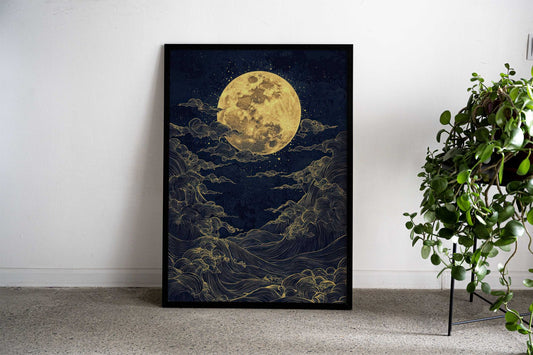 Golden Moon and Waves Asian Style Poster | Wall Art for Home & Office | High-Quality Print - High-Quality Visual Display