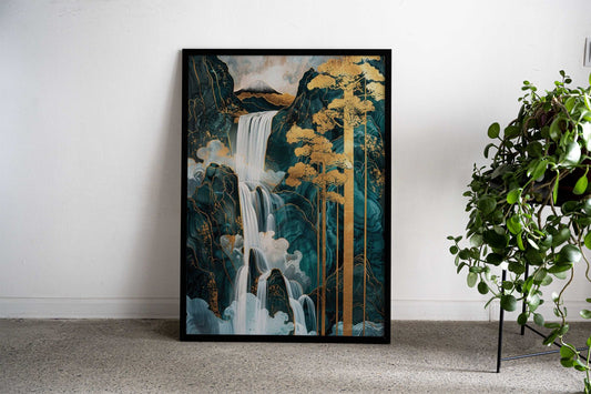 Golden Waterfall Kintsugi Landscape Asian Style Poster | Wall Art for Home & Office | High-Quality Print - High-Quality Visual Display