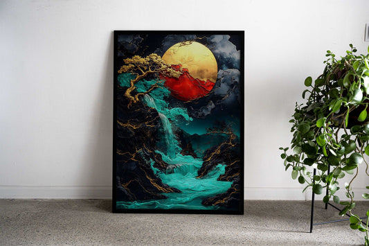 Golden Waterfall Moon Asian Style Poster | Wall Art for Home & Office | High-Quality Print - High-Quality Visual Display