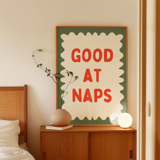 Good At Naps | Red and Olive Green | Art Print - High-Quality Premium Wall Art Decor Sticker