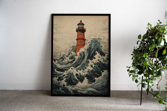 Great Wave Lighthouse Asian Style Poster | Wall Art for Home & Office | High-Quality Print - High-Quality Visual Display