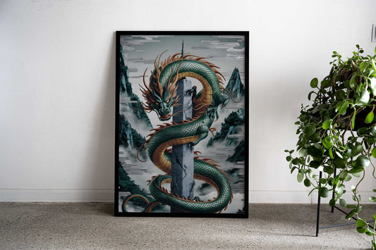 Green Dragon on Pillar Asian Style Poster | Wall Art for Home & Office | High-Quality Print - High-Quality Visual Display