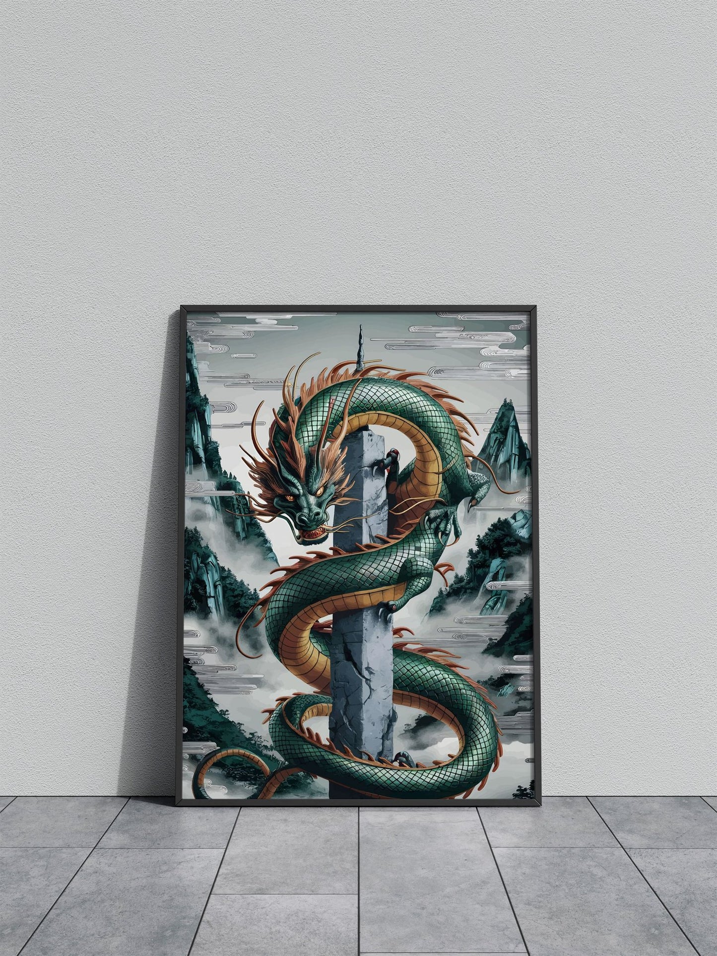 Green Dragon on Pillar Asian Style Poster | Wall Art for Home & Office | High-Quality Print - High-Quality Visual Display