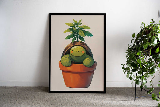 Happy Turtle Potted Plant Asian Style Poster | Wall Art for Home & Office | High-Quality Print - High-Quality Visual Display