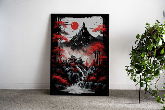 Hidden Monastery Sumi Art Asian Style Poster | Wall Art for Home & Office | High-Quality Print - High-Quality Visual Display