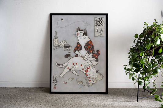Irezumi Rose Cat Tattoo Asian Style Poster | Wall Art for Home & Office | High-Quality Print - High-Quality Visual Display