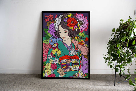 Japan Flower Girl Kimono Asian Style Poster | Wall Art for Home & Office | High-Quality Print - High-Quality Visual Display