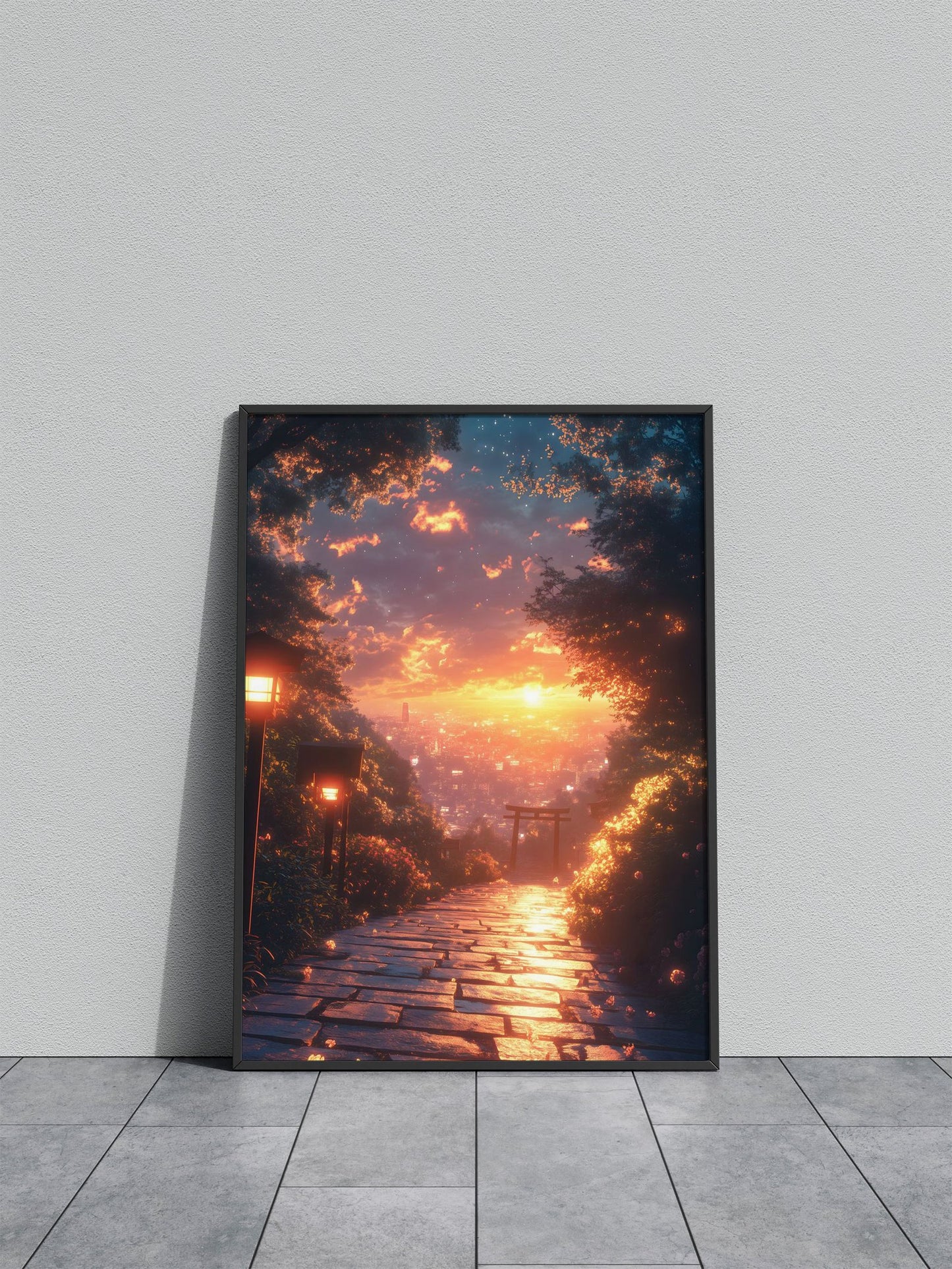 Japan Sunset to City torii Asian Style Poster | Wall Art for Home & Office | High-Quality Print