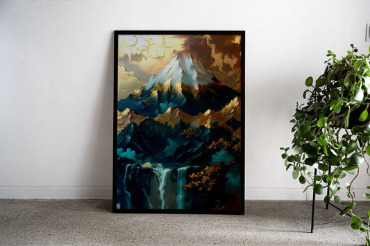 Japanese Art Golden Mountain Waterfall Asian Style Poster | Wall Art for Home & Office | High-Quality Print - High-Quality Visual Display