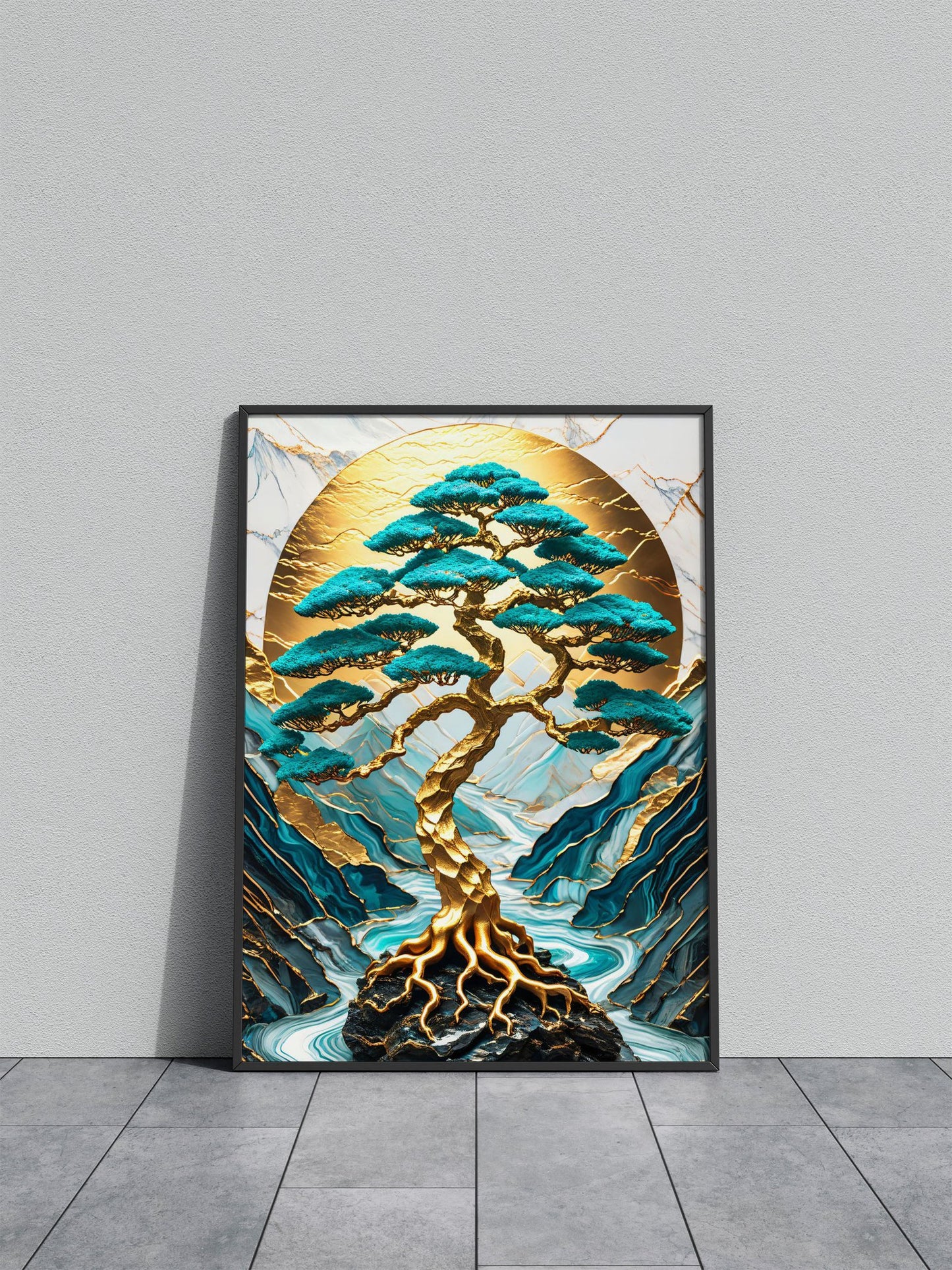 Japanese Art Landscape Golden Bonsai Tree Mountains Background and River flowing Asian Style Poster | Wall Art for Home & Office | High-Quality Print
