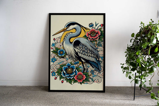 Japanese Blue Heron Floral Design Asian Style Poster | Wall Art for Home & Office | High-Quality Print - High-Quality Visual Display