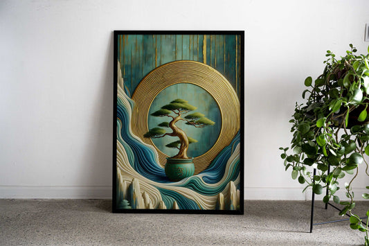 Japanese Bonsai Tree in Gold Circle Asian Style Poster | Wall Art for Home & Office | High-Quality Print - High-Quality Visual Display