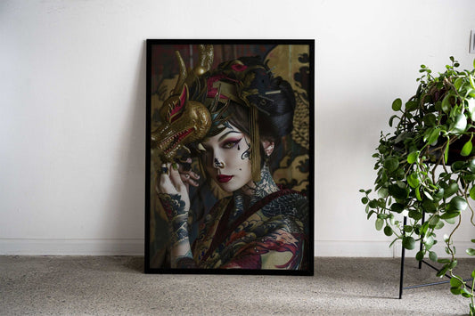 Japanese Geisha with Dragon Mask Asian Style Poster | Wall Art for Home & Office | High-Quality Print - High-Quality Visual Display