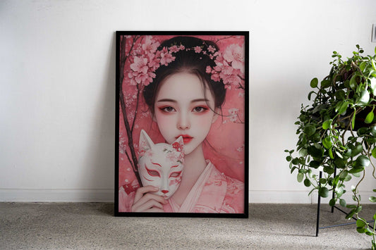 Japanese Girl With Kitsune Mask & Cherry Blossoms Asian Style Poster | Wall Art for Home & Office | High-Quality Print - High-Quality Visual Display