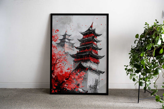 Japanese Pagoda Painting Asian Style Poster | Wall Art for Home & Office | High-Quality Print - High-Quality Visual Display