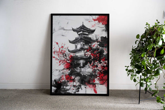 Japanese Pagoda with Cherry Blossoms Asian Style Poster | Wall Art for Home & Office | High-Quality Print - High-Quality Visual Display