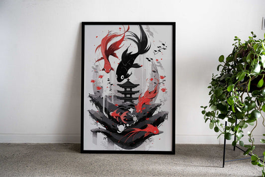 Japanese Red Black Koi Asian Style Poster | Wall Art for Home & Office | High-Quality Print - High-Quality Visual Display