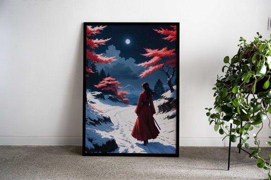 Japanese Red Snow Samurai Asian Style Poster | Wall Art for Home & Office | High-Quality Print - High-Quality Visual Display