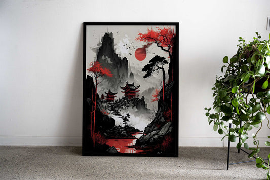 Japanese Red Sunset Asian Style Poster | Wall Art for Home & Office | High-Quality Print - High-Quality Visual Display