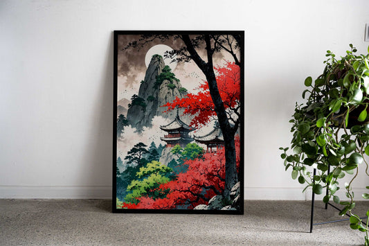 Japanese Temple Mountain Landscape Asian Style Poster | Wall Art for Home & Office | High-Quality Print - High-Quality Visual Display
