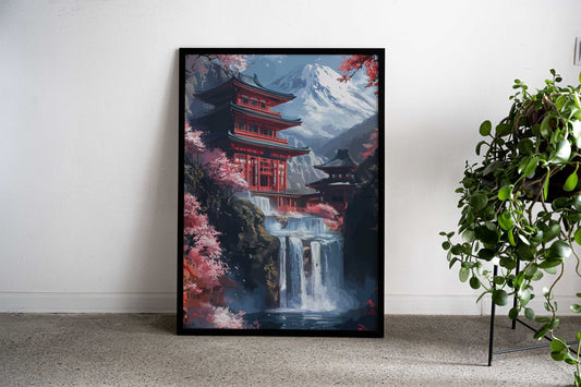 Japanese Temple Waterfall Asian Style Poster | Wall Art for Home & Office | High-Quality Print - High-Quality Visual Display
