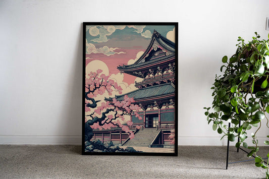 Japanese Temple with Cherry Blossoms Asian Style Poster | Wall Art for Home & Office | High-Quality Print - High-Quality Visual Display
