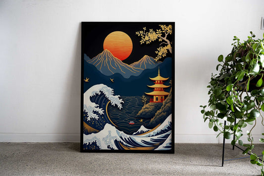 Japanese Wave and Pagoda Asian Style Poster | Wall Art for Home & Office | High-Quality Print - High-Quality Visual Display