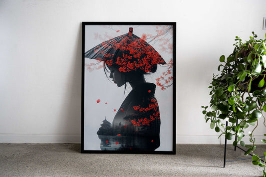 Japanese Woman with Cherry Blossoms Asian Style Poster | Wall Art for Home & Office | High-Quality Print - High-Quality Premium Wall Art Decor Sticker