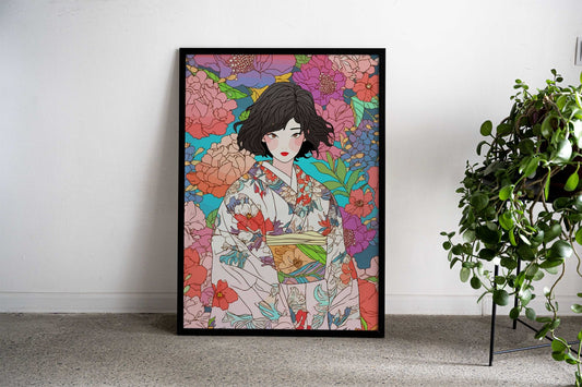 Kimono Girl with Flowers Asian Style Poster | Wall Art for Home & Office | High-Quality Print - High-Quality Visual Display