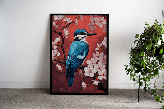 Kingfisher Cherry Blossum Asian Style Poster | Wall Art for Home & Office | High-Quality Print - High-Quality Visual Display