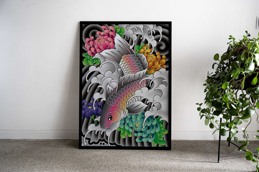 Koi Chrysanthemum flower Asian Style Poster | Wall Art for Home & Office | High-Quality Print - High-Quality Visual Display