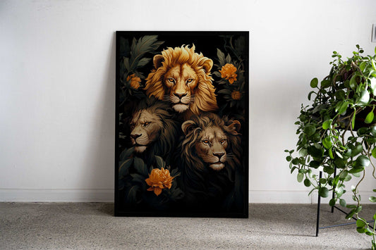 Lions Amidst Lotus Asian Style Poster | Wall Art for Home & Office | High-Quality Print - High-Quality Visual Display