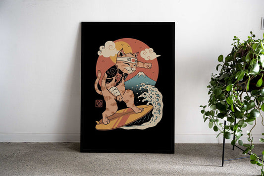Meowster Surfer Asian Style Poster | Wall Art for Home & Office | High-Quality Print - High-Quality Visual Display