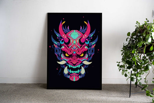 Minimalist Neon Oni Mask Asian Style Poster | Wall Art for Home & Office | High-Quality Print - High-Quality Visual Display