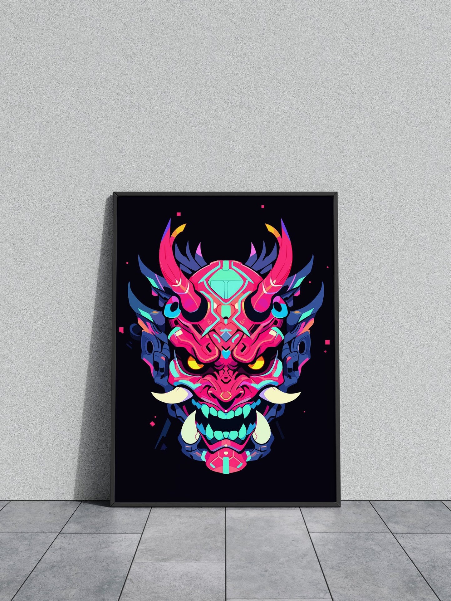 Minimalist Neon Oni Mask Asian Style Poster | Wall Art for Home & Office | High-Quality Print - High-Quality Visual Display