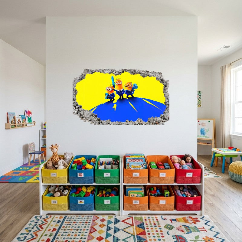Minions And Gru On Blue Earth Yellow 3D Smashed Wall Art Decal Sticker Kids Room Wall Decal Sticker